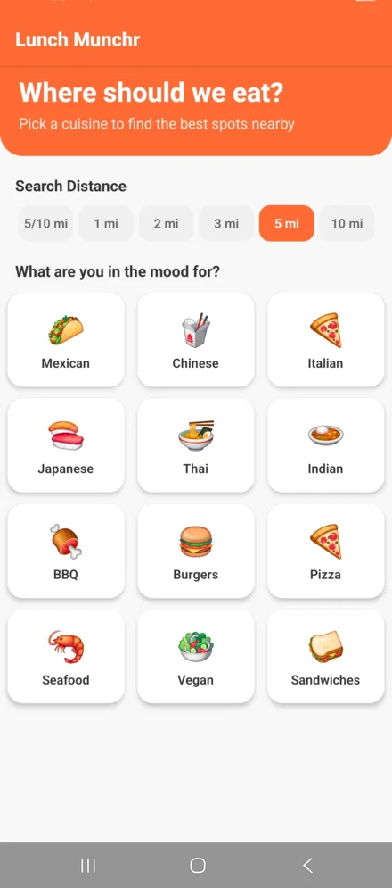 Lunch Munchr home screen — &ldquo;Where should we eat?&rdquo; with 12 cuisine choices