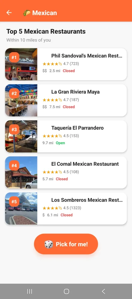 Top 5 Mexican restaurants near you, ranked by Google rating