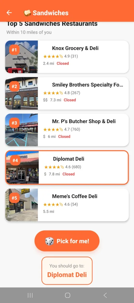The &ldquo;Pick for me!&rdquo; result choosing a spot for you