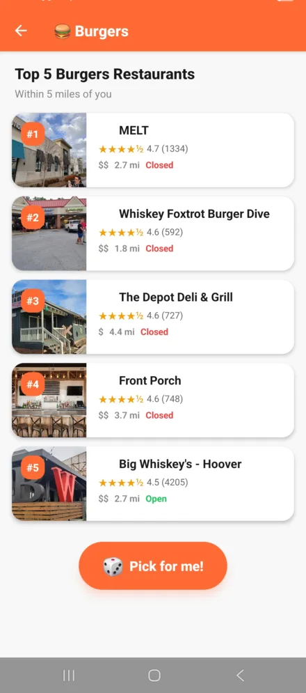 Top 5 burger spots near you with ratings, distance, and hours